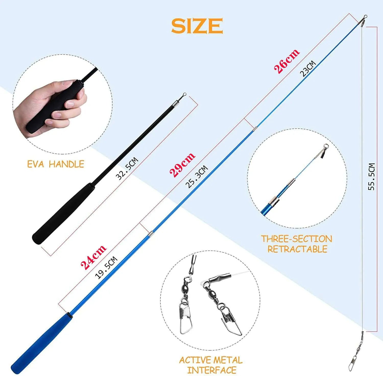 Adjustable cat teasing pole with feather attachment heads for interactive play