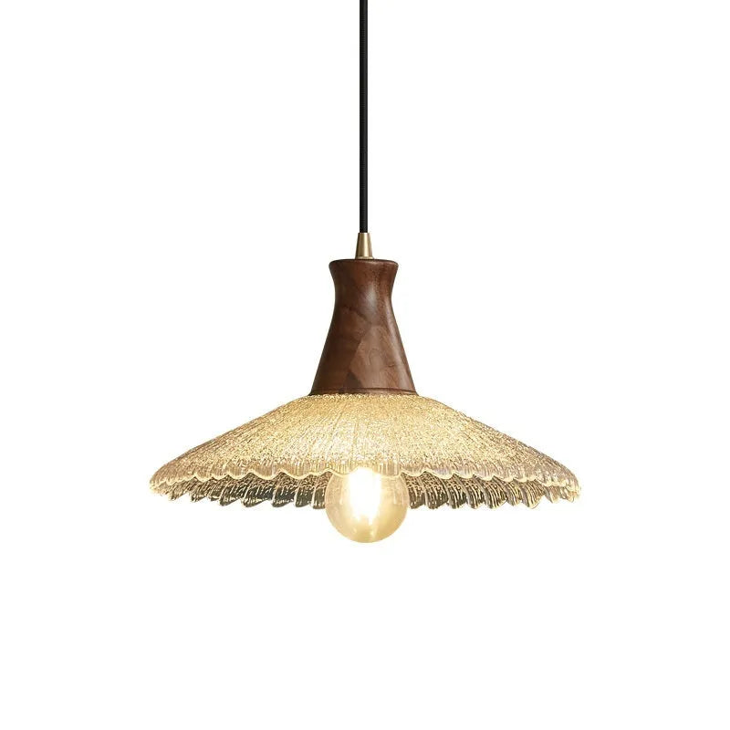 Retro wooden chandelier with glass shade and brass fittings for ceiling lighting.