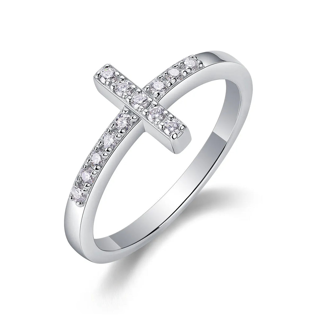 Holy Light Cross moissanite wedding ring set in S925 silver with gold plating on white background