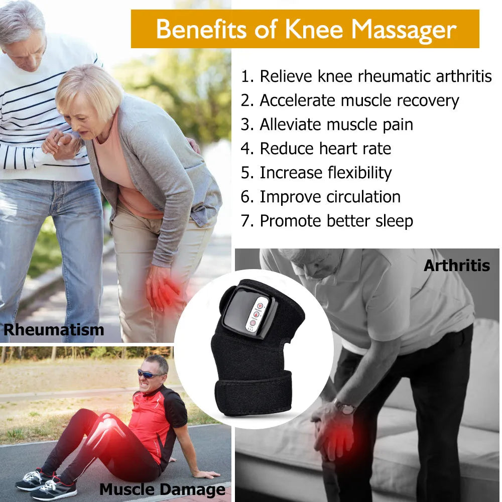 Electric infrared heating knee massager wrap with vibration and rechargeable battery on a knee joint