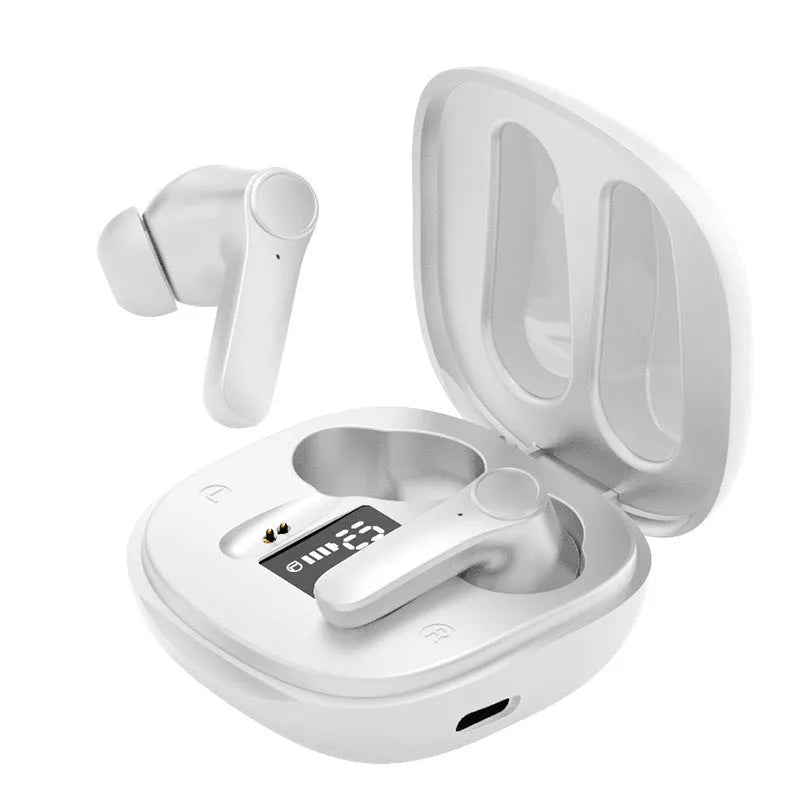 Black and white wireless Bluetooth in-ear translation headphones with touch control and USB-C cable.
