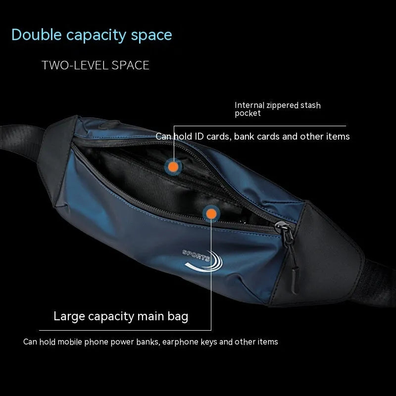 Men's black waterproof waist bag made from Derm Oxford polyester, shown with adjustable strap.
