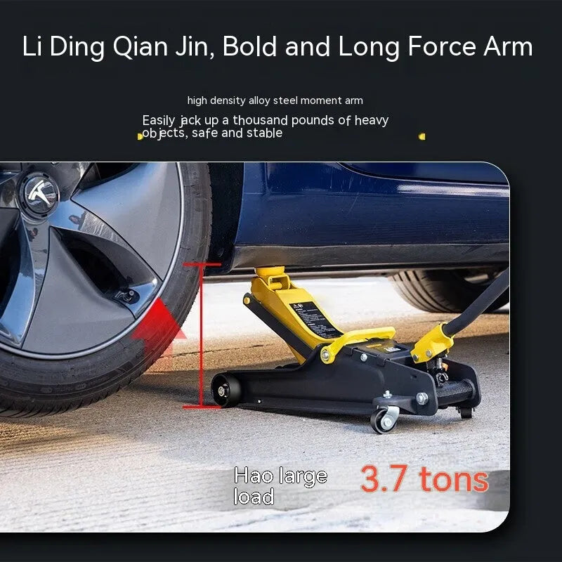 Horizontal hydraulic car lifting jack for low vehicle tyre changes with handle