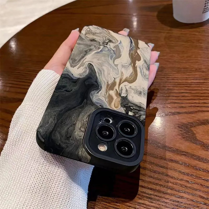 Black and white marble pattern phone case with leather texture for Apple iPhone, slim protective cover
