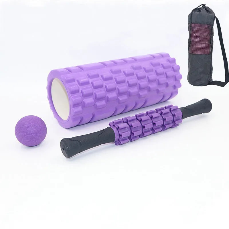 Black six-piece fitness foam massage roller stick, 33 cm long on a white background.