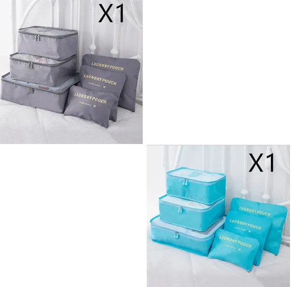 6 PCS travel storage bag set in polyester with handbag shape, multiple colour options for clothes and cosmetic organisation