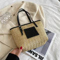 Straw woven women's shoulder bag with horizontal square shape and three-dimensional pocket