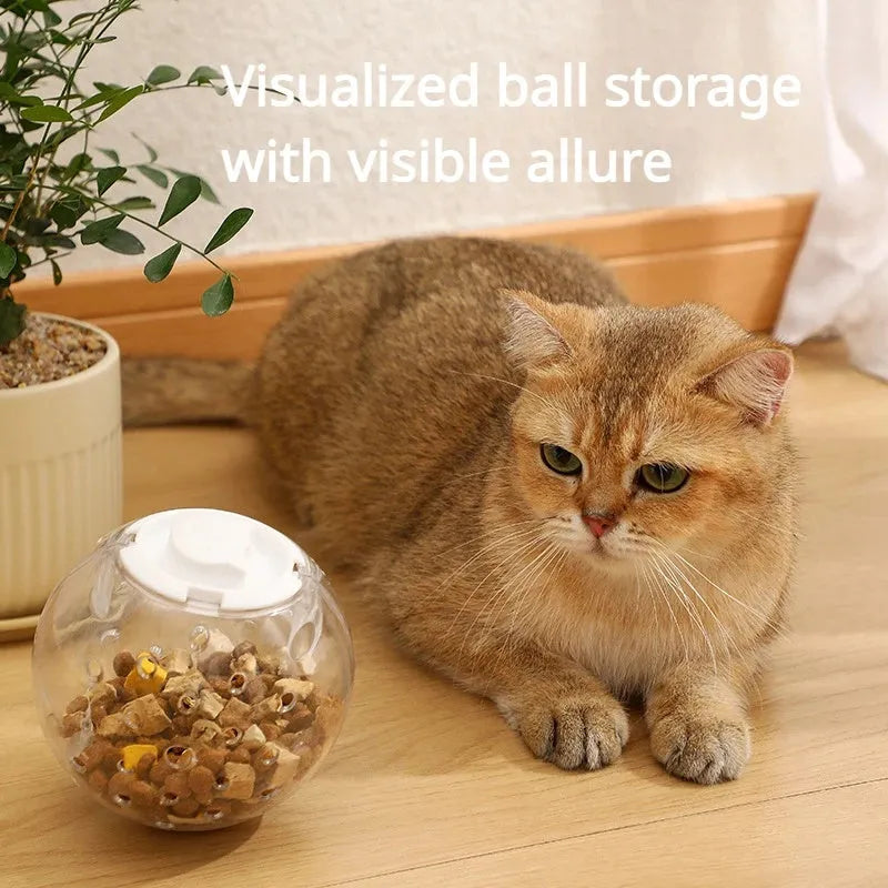 Blue ABS plastic slow feeding ball for dogs and cats, 11.5cm in diameter, on a plain background.