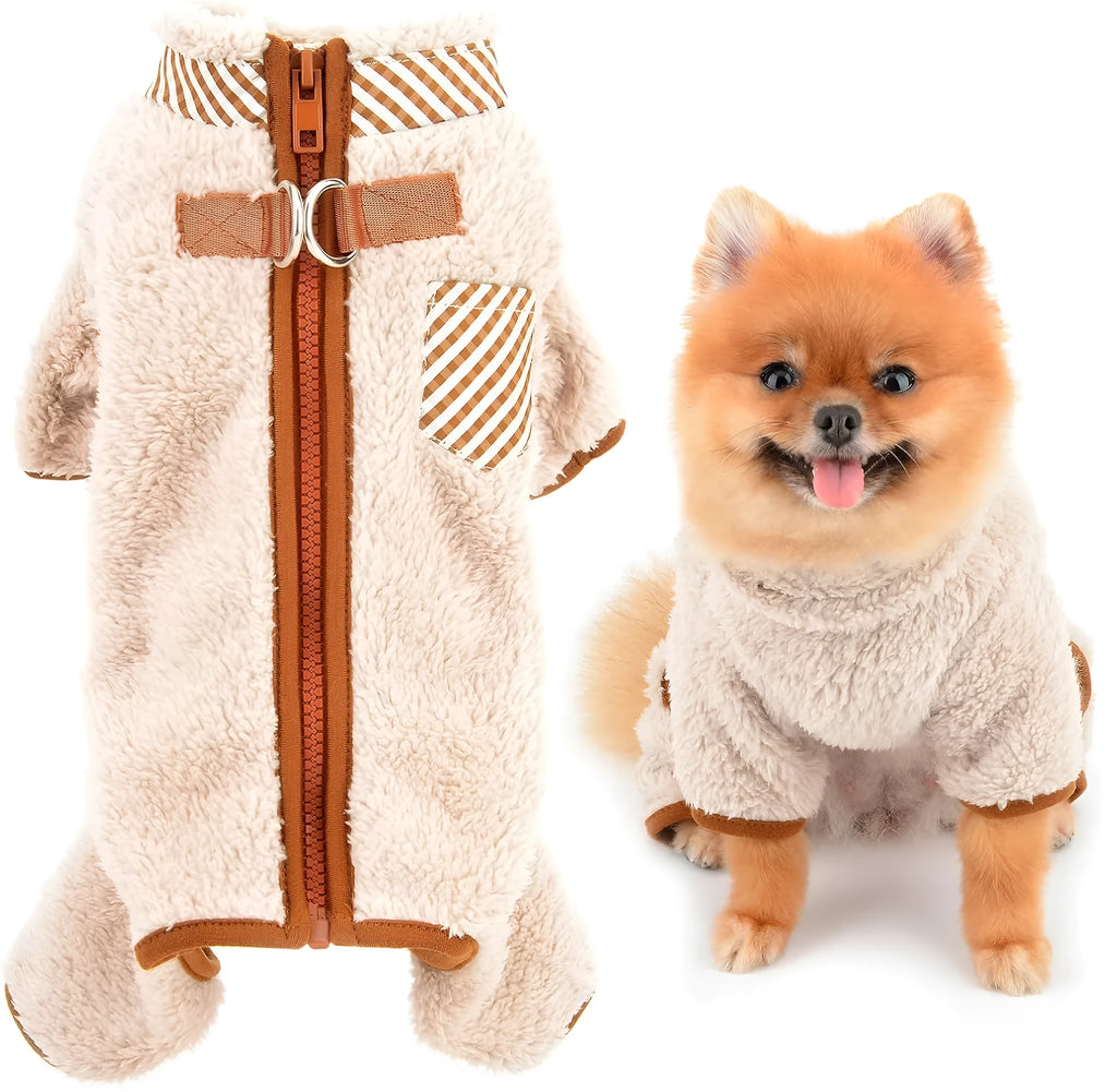 Small dog wearing a green fleece thermal jumpsuit coat with four legs and back zip closure.