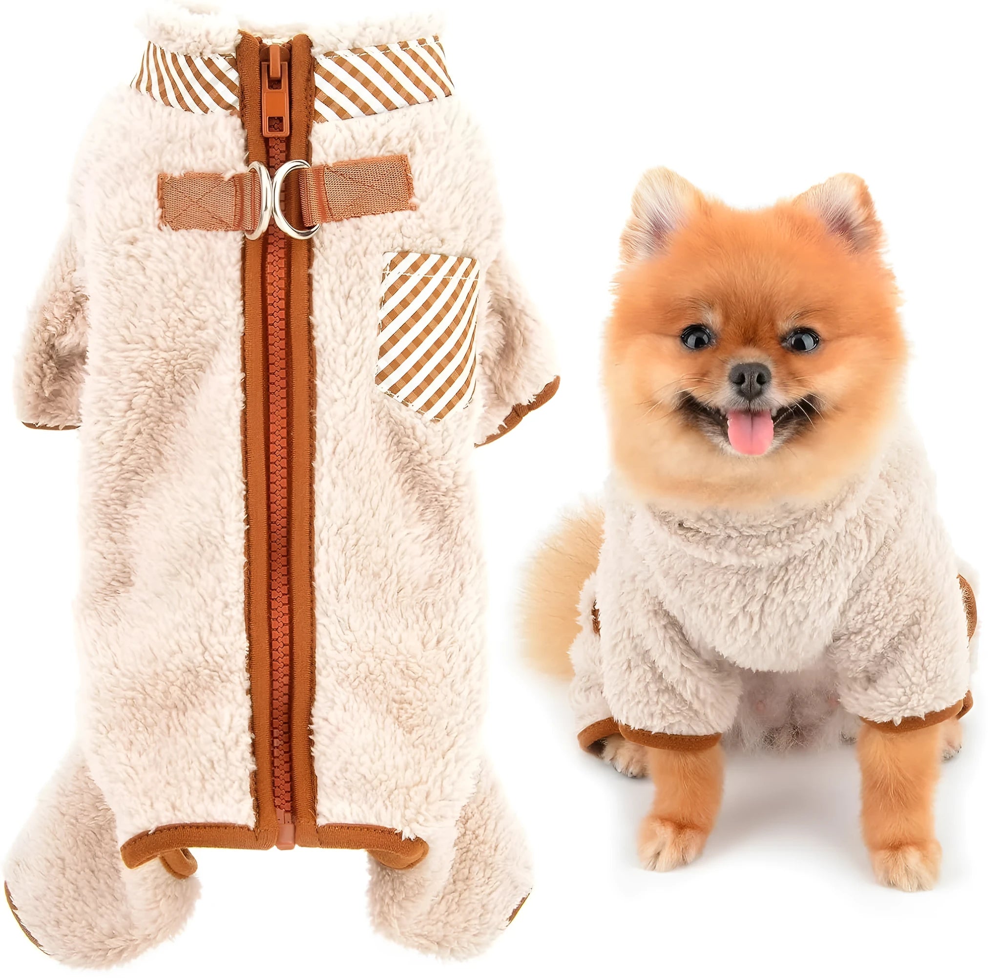Small dog wearing a green fleece thermal jumpsuit coat with four legs and back zip closure.