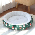Christmas pet bed in red and green with snowman and tree prints, size S 35x35x6.5cm, made of flannel and Arctic fleece