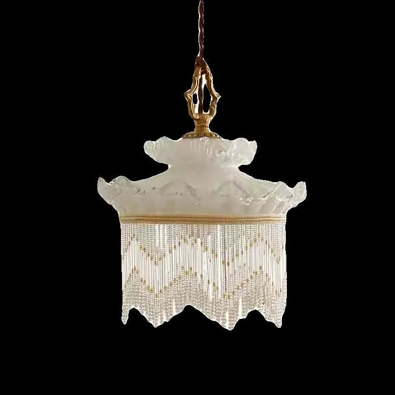 Tassel glass chandelier with copper lamp body, glass lampshade, and LED light source for dining room or bedroom
