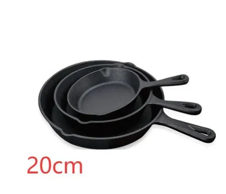 Cast iron frying pan with flat bottom and non-stick surface, shown in 16cm, 20cm or 25cm size without lid