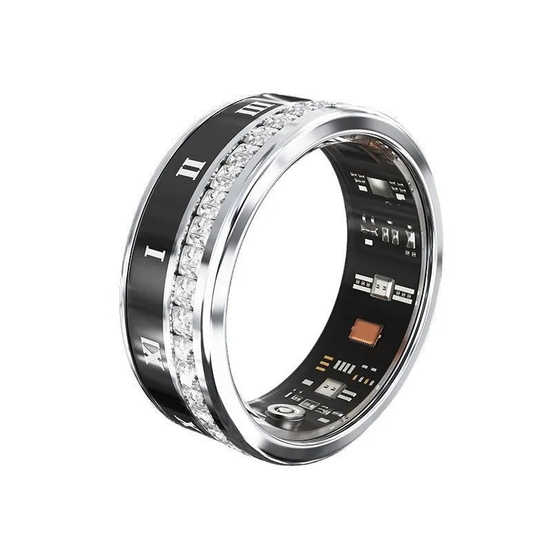 Silver and gold coloured smart ring on a finger showing health monitoring and blood oxygen tracking features.