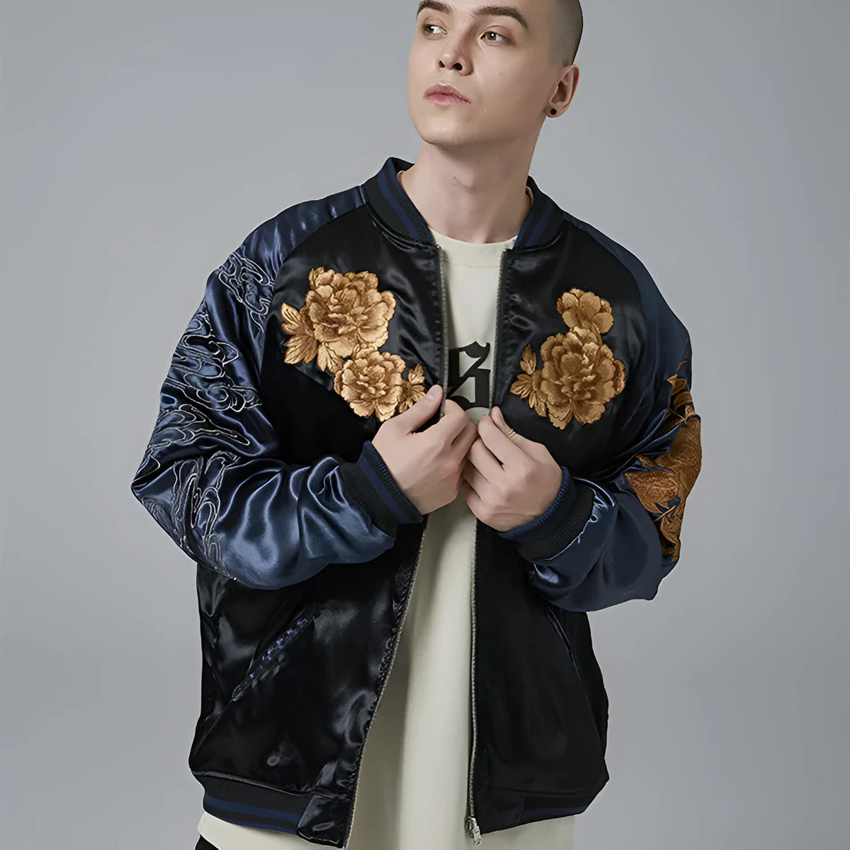 Men's satin jacket with lion king embroidery and animal pattern in champagne or faint blue, sizes M-3XL