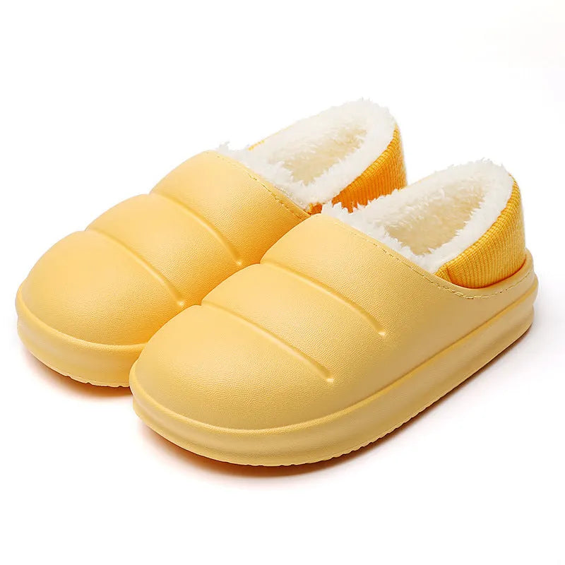 A pair of waterproof EVA garden slippers with a plush lining, shown in a solid colour with a non-slip sole.
