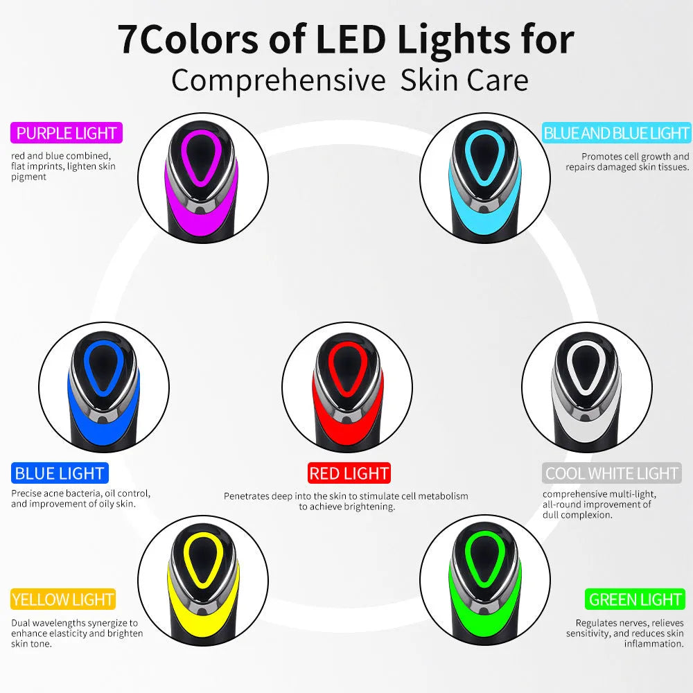 Black 7 colour light vibration therapy massager for eyes and face on a plain background.