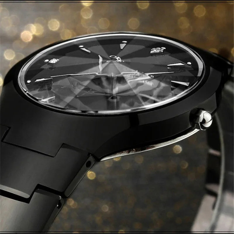 Couple's quartz watch with 8mm case, alloy strap, and 30M waterproof rating in radar black and rose gold