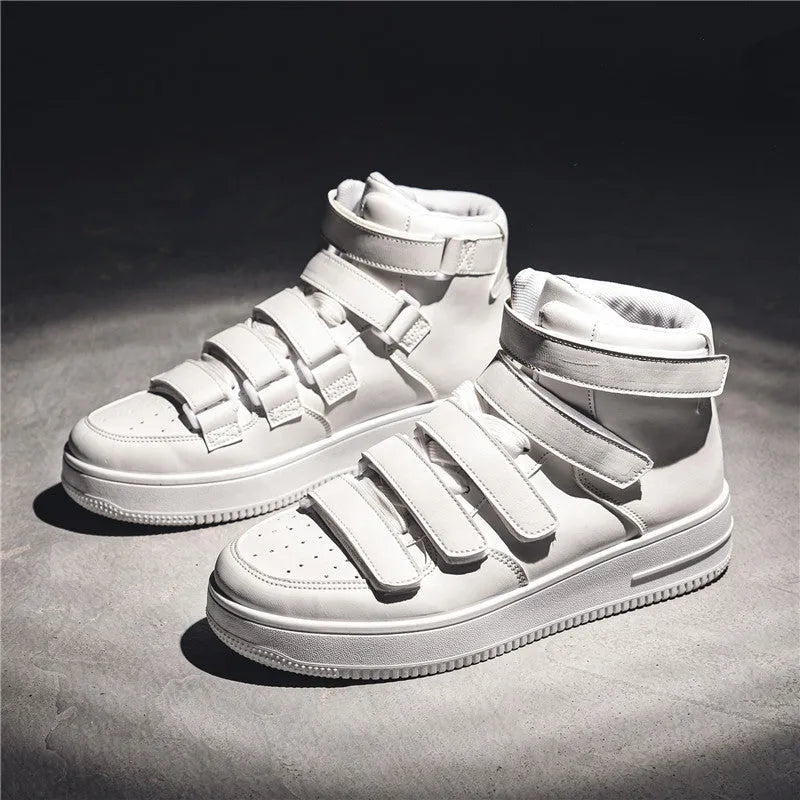 Spring men's high-top board shoes in white with Velcro strap and platform sole side view