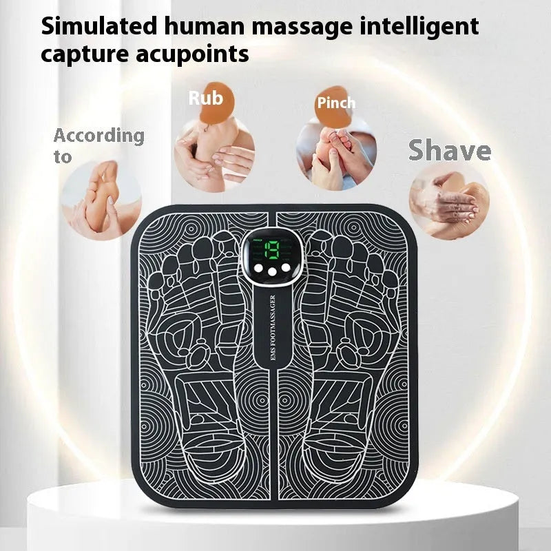 Blue rechargeable reflexology foot massager mat with remote control and USB charging cable