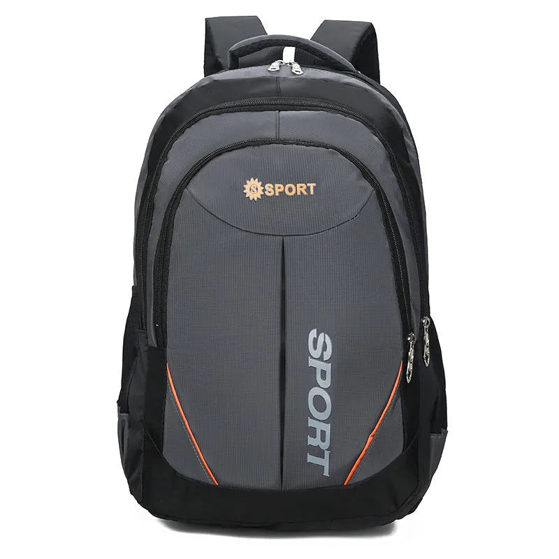 Large nylon backpack in black with curved shoulder straps and letter detailing, showing front compartment