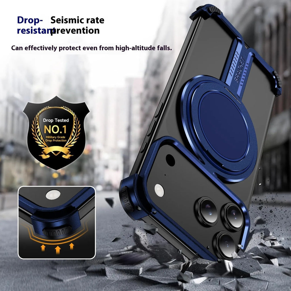 Titanium alloy bone sensing bracket frameless phone case for iPhone 17 series in black, sapphire blue, orange, and grey.
