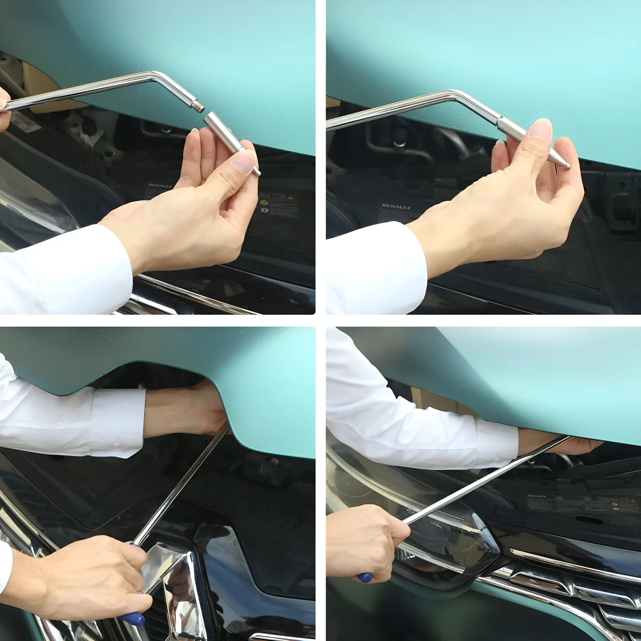 Three alloy steel car dent repair tools: hooks and a crowbar for vehicle panel restoration.