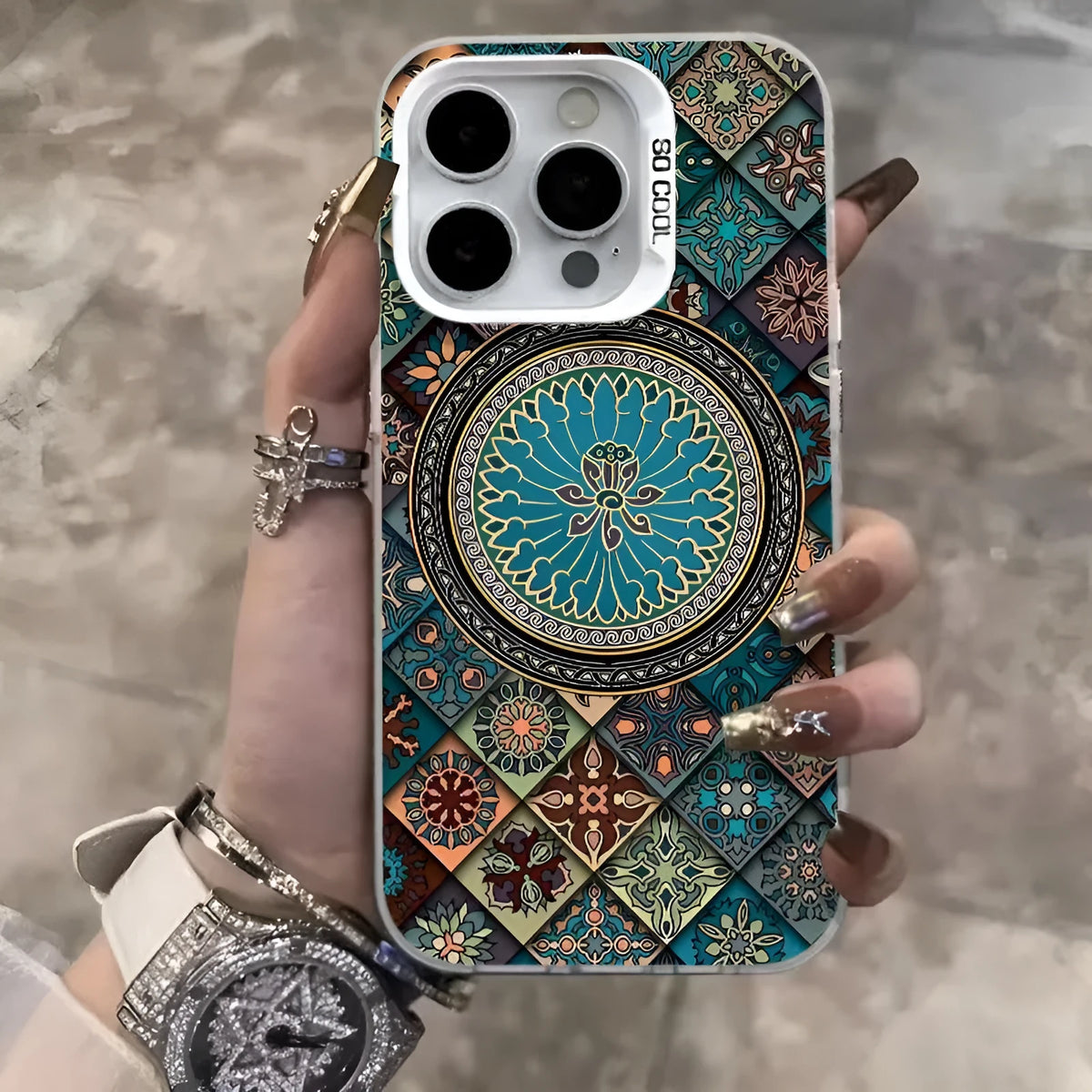 Ethnic style patterned hard PC phone case for iPhone in black, dark green, silver, and deep purple with matte anti-slip finish.