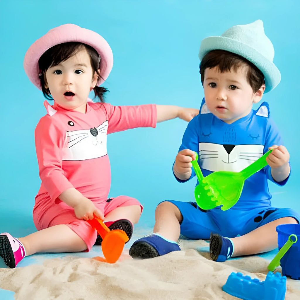 Baby long sleeve one-piece swimsuit in blue with polyester fabric for sun protection during swimming