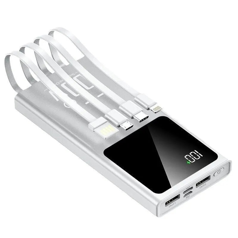 Ultra-thin portable power bank in plastic shell with fast charging, available in black, white, purple, blue, 10000-50000mAh