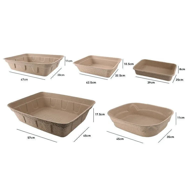 Brown disposable cat litter box showing waterproof biodegradable construction