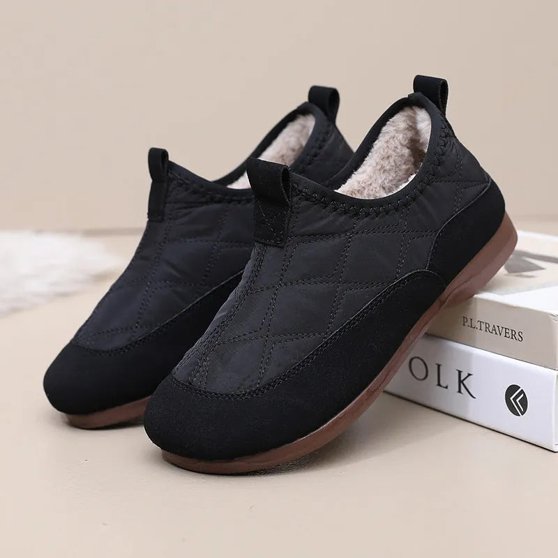 Women's winter slip-on shoes with plus velvet lining and flat PVC sole, available in khaki, apricot, and black.