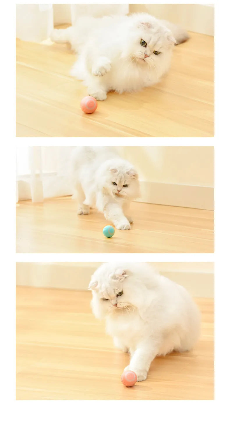 Green automatic rotating ball cat toy with intelligent obstacle avoidance, shown on a hard floor.