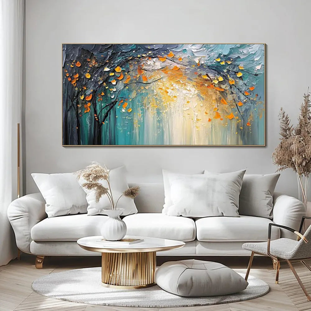 Hand-painted abstract forest oil painting on canvas in blue and golden yellow, one-panel horizontal wall art without frame