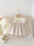 Girls' cotton lace summer dress with short sleeves and princess skirt in light apricot