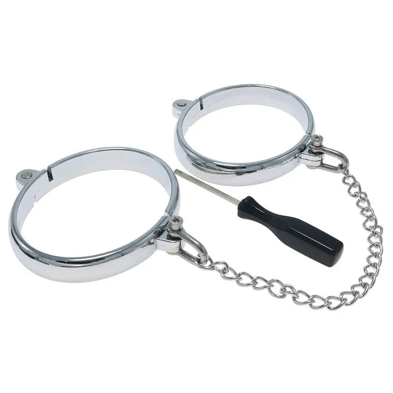 Silver zinc alloy handcuffs and footcuffs with stainless steel bracelet closures for adult restraints