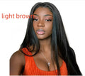 Long straight black synthetic ladies wig with a centre part, displayed on a wig stand.