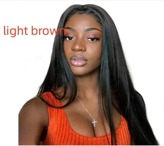 Long straight black synthetic ladies wig with a centre part, displayed on a wig stand.