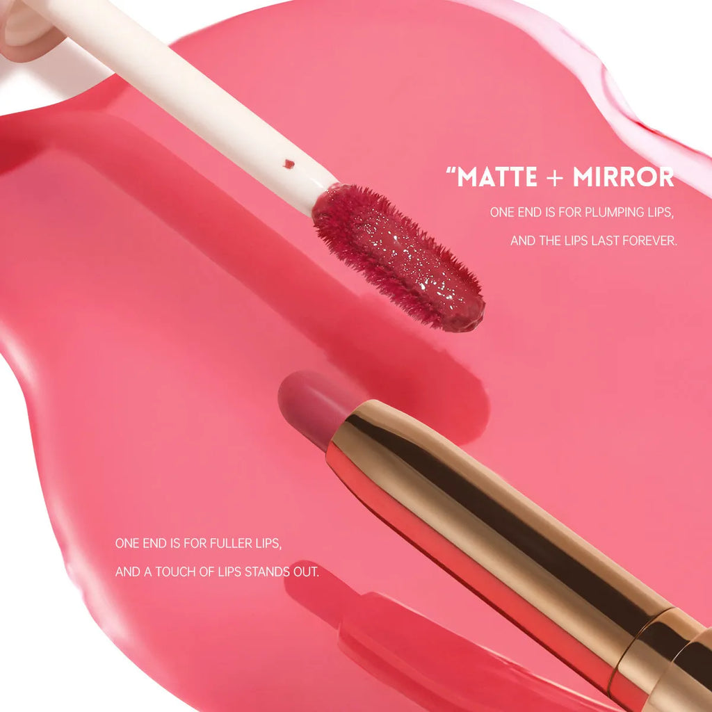Double-headed lipstick and lip gloss set showing ten matte finish colour options.
