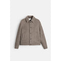 Men's taupe loose wool woven lapel long sleeve single-breasted casual jacket coat on a model
