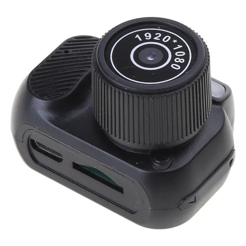 Black retro-style mini digital video camera with a built-in LCD screen on the back.