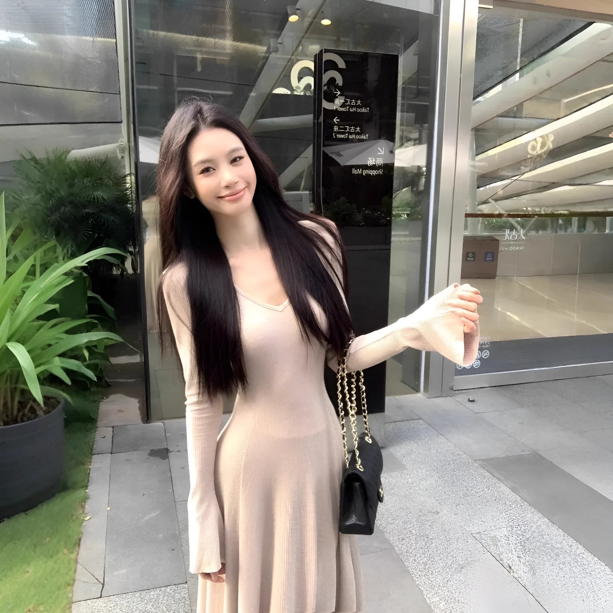 Knitted women's autumn winter dress with high-waist, hood, long sleeves, solid colour mid-length