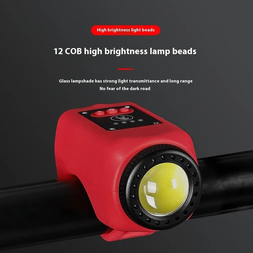 High decibel bicycle horn light with 110dB speaker, 250 lumens, IPX5 waterproof rating, USB rechargeable, on handlebars