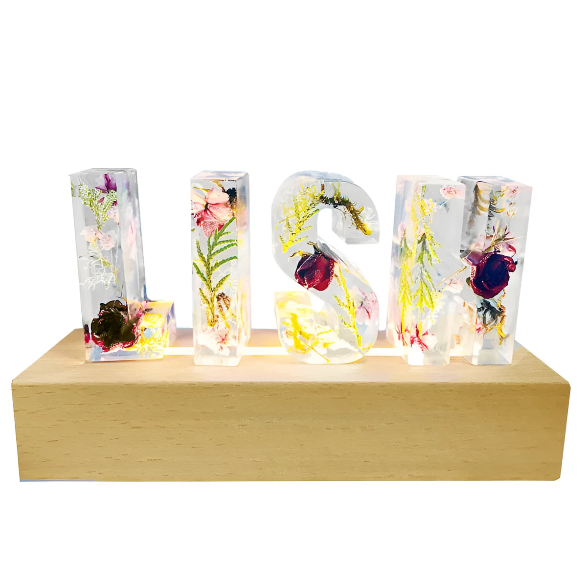 Dried flower English alphabet night light base table in white crystal epoxy resin