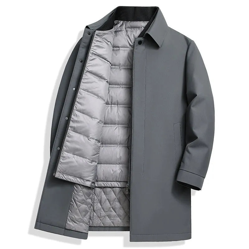 Men's mid-length white duck down business casual jacket in black, gray, and navy blue, 65cm length