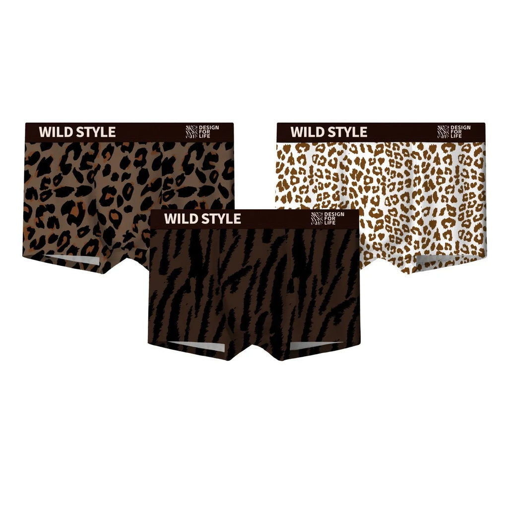 Men's leopard print ice silk underwear trousers in polyester, showing mid-waist fit.