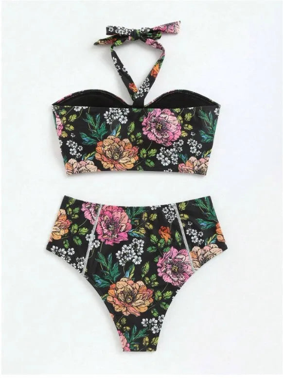 Women's printed black nylon bikini set with triangle top and brief bottom