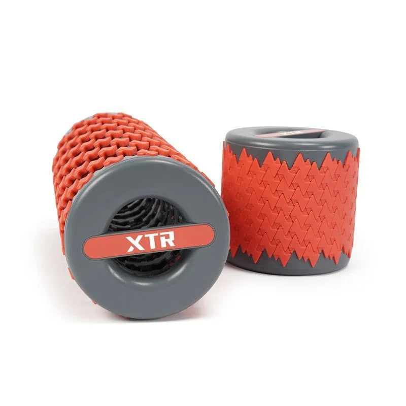 Adjustable telescopic foam roller in red colour showing extended and compacted positions