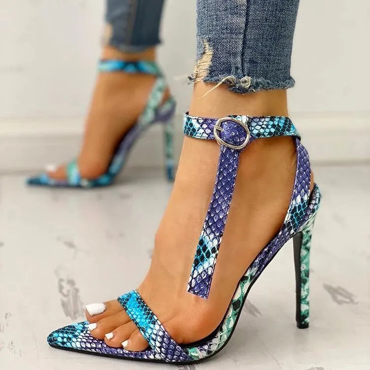Blue high heels with buckle closure and hollow-out detailing on artificial PU upper, sizes 34-43.