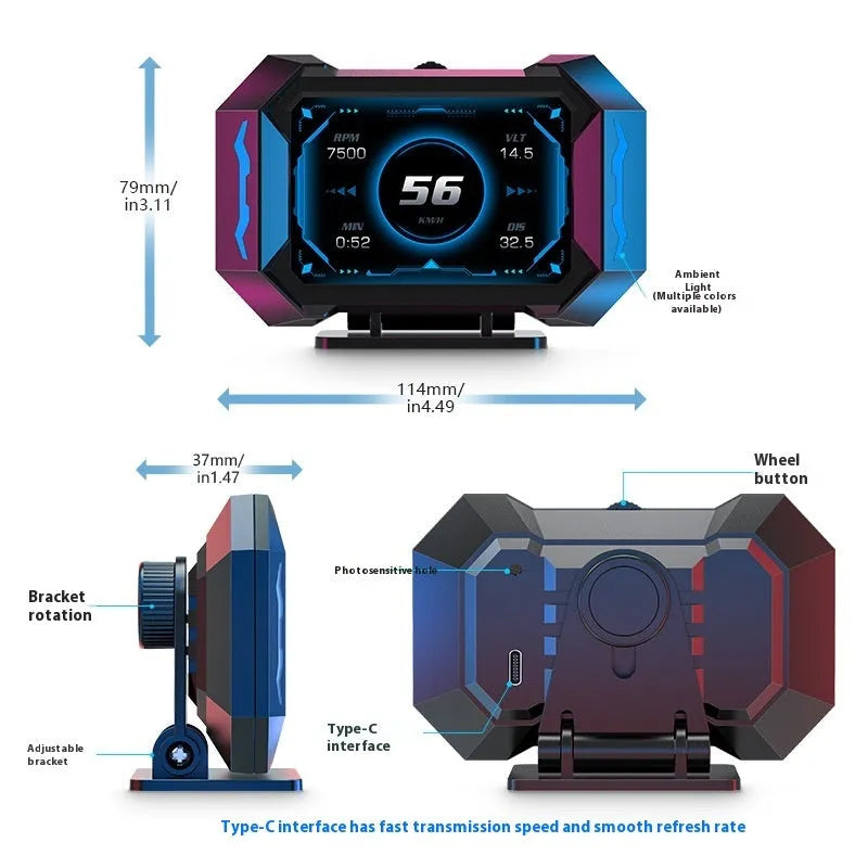 Head-up display car LCD code meter in black PC ABS housing projecting speed data